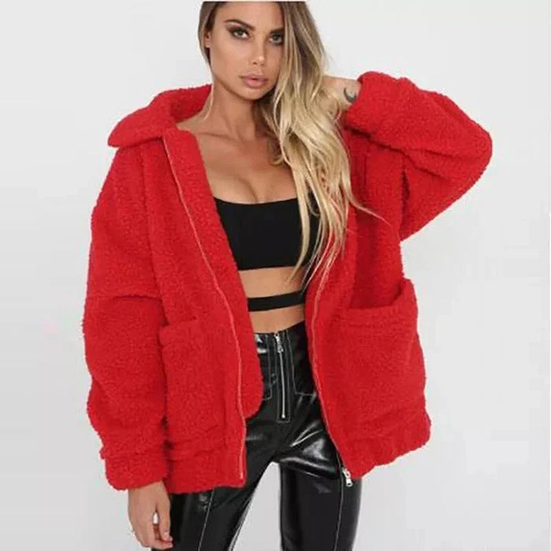 Faux Lambswool Oversized Jacket Coat Winter Black Warm Hairly Jacket Women Autumn Outerwear