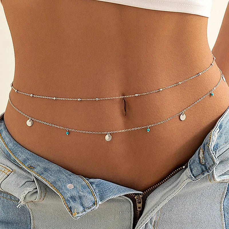 Sexy Double Thin Chain Women'S Waist Chain Charming Butterfly Stainless Steel Belly Chain Summer Beach Bikini Body Jewelry